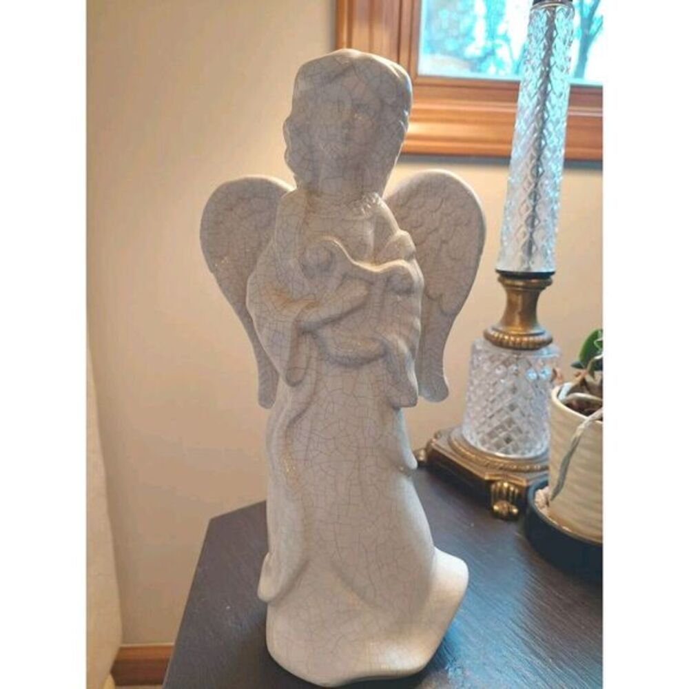 Large Crackle Glaze Ceramic Angel Figurine With Harp And Wings In White - Picture 3 of 9
